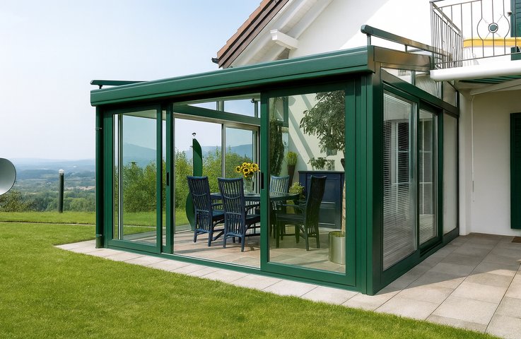 Moderní zimní zahrada v zelené hliníkové konstrukci se skleněnou střechou a posuvnými stěnami navazuje na obývací část rodinného domu. Vytváří chráněný prostor pro celoroční stolování s výhledem do zahrady a okolní krajiny.