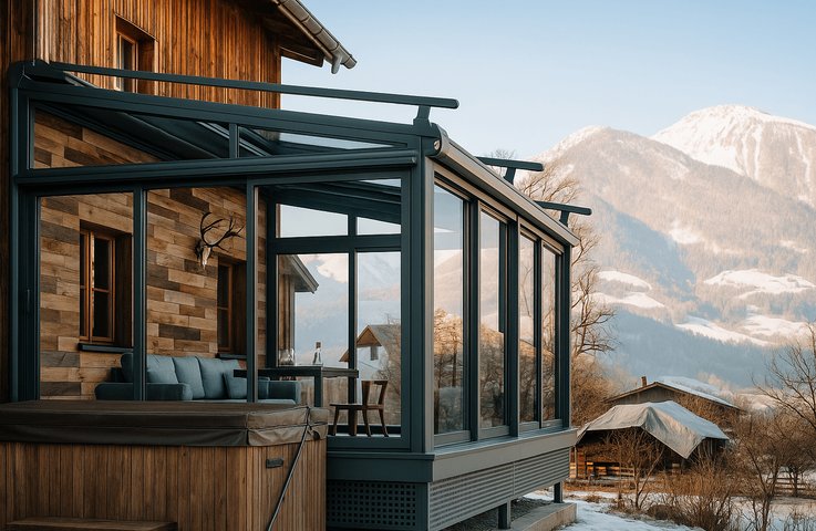 Celoroční hliníková zimní zahrada s kvalitním izolačním zasklením umístěná u moderní horské chalupy. Prosklená konstrukce nabízí panoramatický výhled, maximální tepelný komfort a elegantní rozšíření obytného prostoru.