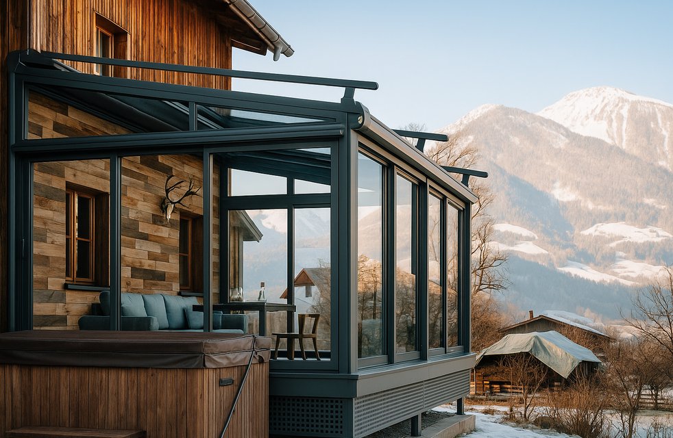 Celoroční hliníková zimní zahrada s kvalitním izolačním zasklením umístěná u moderní horské chalupy. Prosklená konstrukce nabízí panoramatický výhled, maximální tepelný komfort a elegantní rozšíření obytného prostoru.