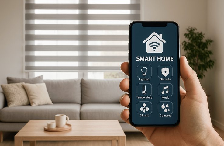 Chytrá domácnost umožňuje ovládat venkovní žaluzie, rolety i další prvky stínění pohodlně přes mobilní aplikaci a systém Smart Home.