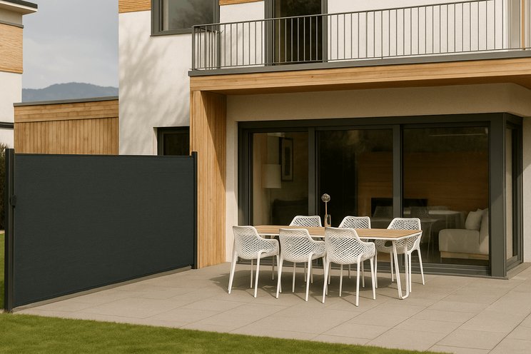 Boční větrná clona u posezení na zahradě