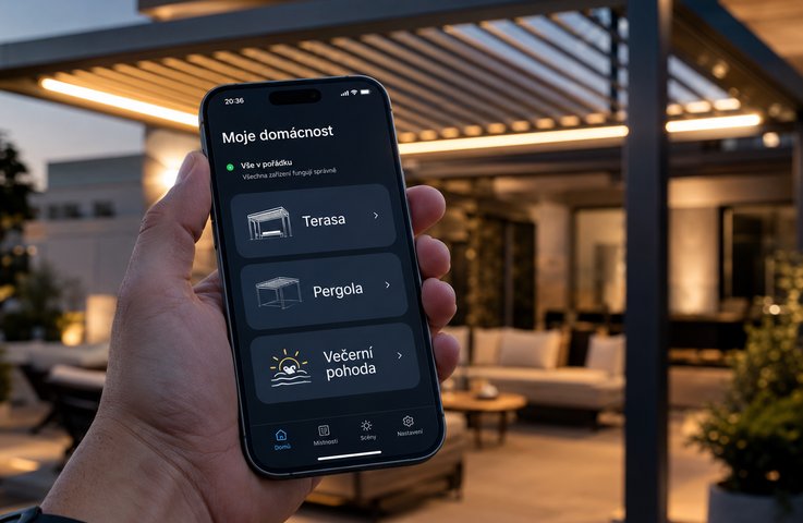 Pomocí intuitivní aplikace ve vašem chytrém telefonu získáte absolutní kontrolu nad celým prostorem terasy. Jediným stisknutím přednastaveného scénáře (například „Večerní pohoda“) se automaticky naklopí lamely pergoly, stáhnou se boční screenové rolety a rozsvítí se integrované LED osvětlení. Díky pokročilému obousměrnému protokolu navíc v aplikaci vždy přesně vidíte, v jaké poloze se stínění nachází, a to i když jste stovky kilometrů od domova.