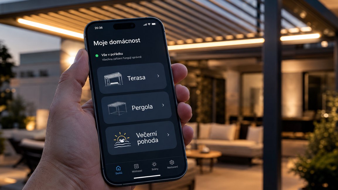 Pomocí intuitivní aplikace ve vašem chytrém telefonu získáte absolutní kontrolu nad celým prostorem terasy. Jediným stisknutím přednastaveného scénáře (například „Večerní pohoda“) se automaticky naklopí lamely pergoly, stáhnou se boční screenové rolety a rozsvítí se integrované LED osvětlení. Díky pokročilému obousměrnému protokolu navíc v aplikaci vždy přesně vidíte, v jaké poloze se stínění nachází, a to i když jste stovky kilometrů od domova.
