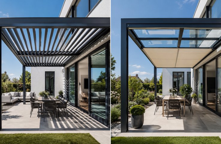 Zatímco bioklimatická pergola (vlevo) využívá systém naklápěcích hliníkových lamel pro aktivní odvětrávání horkého vzduchu a flexibilní stínění, pergola s pevnou prosklenou střechou (vpravo) maximalizuje průchod denního světla do interiéru domu. Prosklená varianta vyžaduje doplnění o stínicí markýzu, zároveň však tvoří ideální konstrukční základ pro budoucí montáž posuvného zasklení a vytvoření plnohodnotné zimní zahrady.
