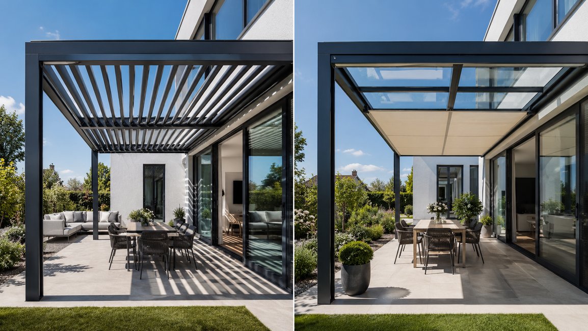Zatímco bioklimatická pergola (vlevo) využívá systém naklápěcích hliníkových lamel pro aktivní odvětrávání horkého vzduchu a flexibilní stínění, pergola s pevnou prosklenou střechou (vpravo) maximalizuje průchod denního světla do interiéru domu. Prosklená varianta vyžaduje doplnění o stínicí markýzu, zároveň však tvoří ideální konstrukční základ pro budoucí montáž posuvného zasklení a vytvoření plnohodnotné zimní zahrady.