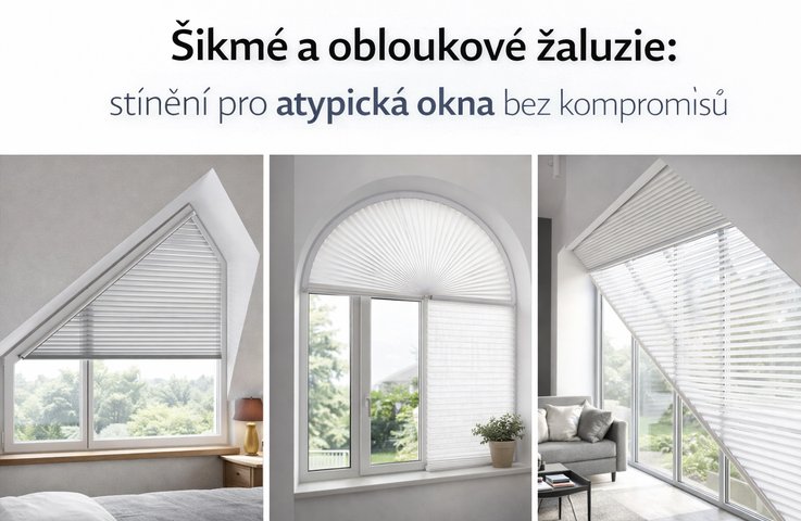 Šikmé a obloukové žaluzie na míru – ukázka stínění trojúhelníkového okna v podkroví, obloukového okna a šikmého prosklení v moderním obývacím pokoji.