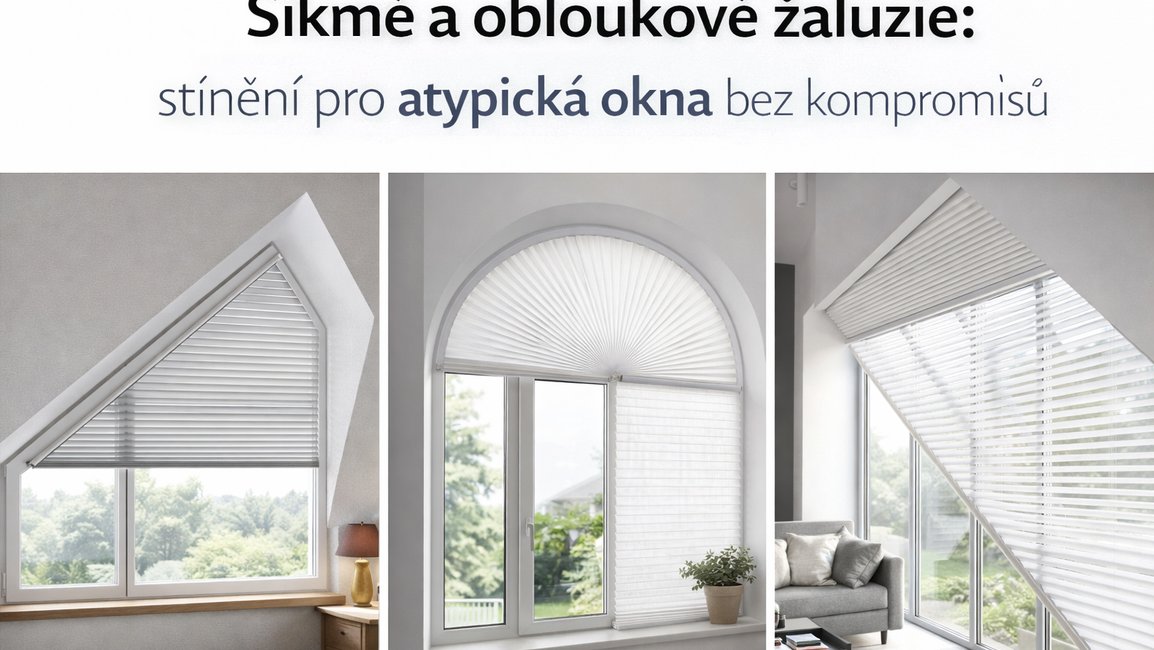 Šikmé a obloukové žaluzie na míru – ukázka stínění trojúhelníkového okna v podkroví, obloukového okna a šikmého prosklení v moderním obývacím pokoji.