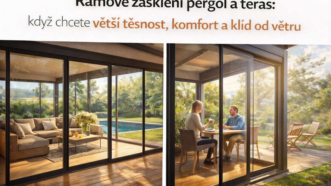 Rámové zasklení pergoly a terasy – světlý obývací kout u bazénu a pár u snídaňového stolu si užívají klid a komfort v prosklené pergole chráněné před větrem.
