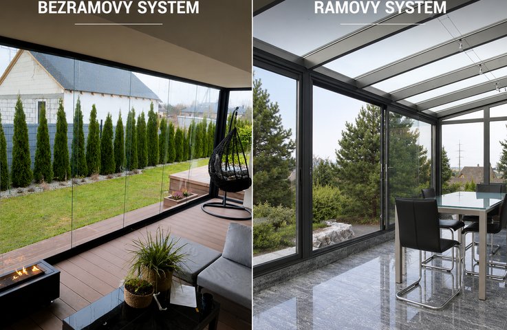 ezrámové řešení (vpravo): Nabízí absolutně nerušený panoramatický výhled do zahrady. Skla na sebe navazují pouze přes minimalistické transparentní těsnění, díky čemuž konstrukce působí velmi odlehčeně a moderně.  Rámové řešení (vlevo): Každá skleněná tabule je vsazena do hliníkového profilu (na snímku v antracitu). Vertikální profily do sebe při zavření pevně zapadají a díky integrovanému štětinovému těsnění poskytují mnohem vyšší těsnost proti větru a hnanému dešti.