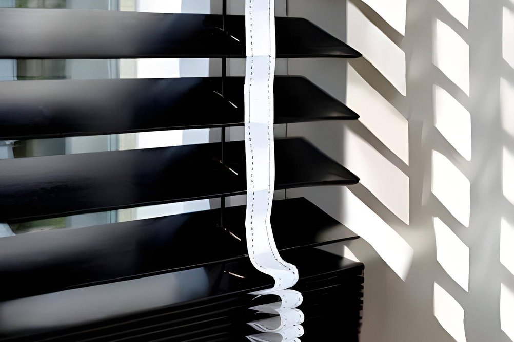 Černé dřevěné žaluzie s bílým popruhem