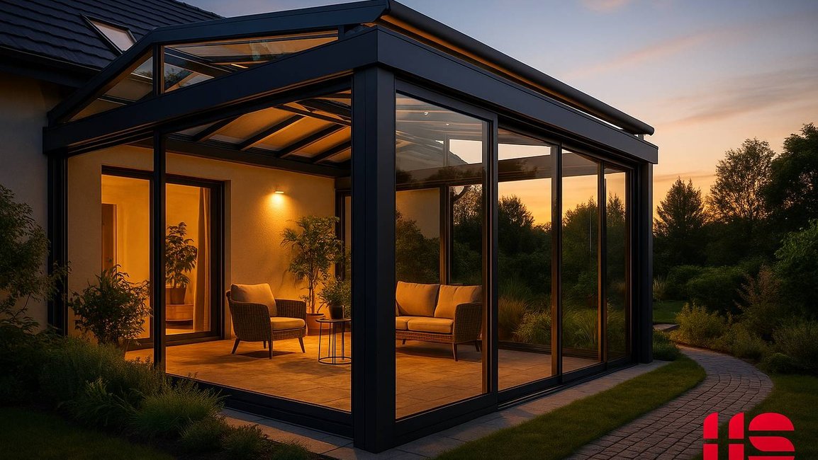 Zimní zahrada na míru: hliníková konstrukce, posuvné zasklení a střešní markýza pro celoroční komfort. Elegantní propojení interiéru se zahradou.