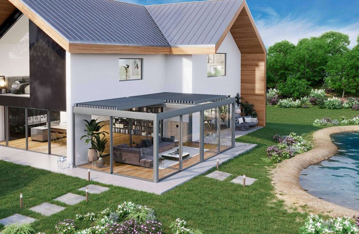 Bioklimatická hliníková pergola s naklápěcími lamelami a posuvným zasklením – moderní pergola na terasu u rodinného domu, celoroční využití zahrady, ochrana před sluncem i deštěm.Bioklimatická hliníková pergola s naklápěcími lamelami a posuvným zasklením – moderní pergola na terasu u rodinného domu, celoroční využití zahrady, ochrana před sluncem i deštěm.
