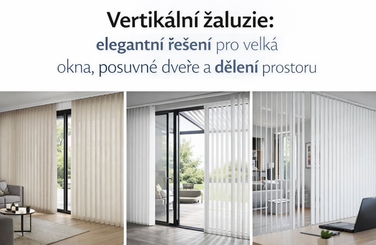 Vertikální žaluzie v moderním interiéru – zastínění velkých oken v obývacím pokoji, posuvných dveří na terasu a dělení prostoru v pracovně.