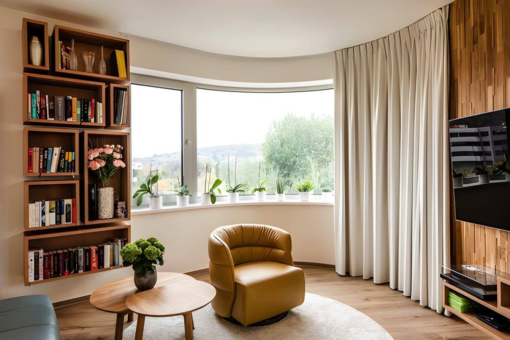 Béžové závěsy v kulatém pokoji