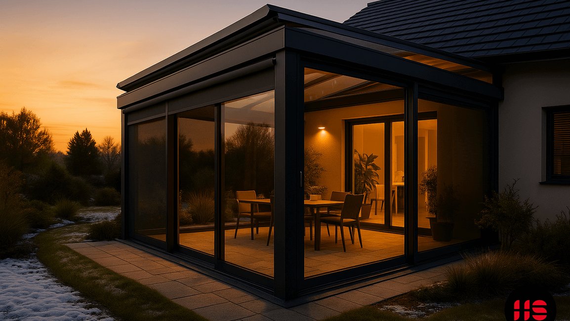 „Zateplená zimní zahrada s hliníkovou konstrukcí, trojskly a střešní markýzou u moderního domu | Hezký stín.“
