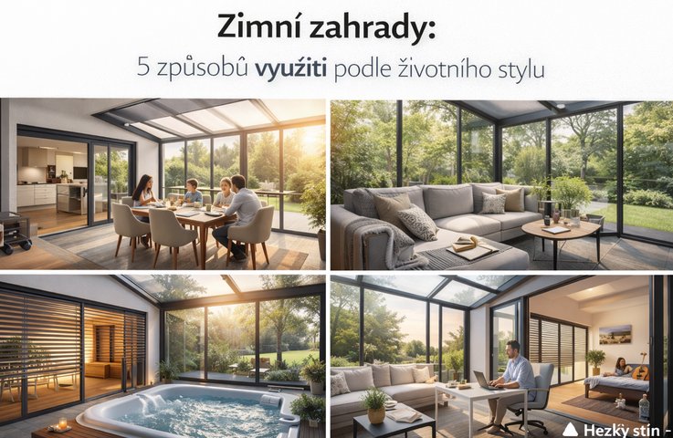 Koláž čtyř zimních zahrad ukazující různé způsoby využití – rodinnou jídelnu, relaxační obývací kout, wellness s vířivkou a domácí kancelář s výhledem do zahrady.