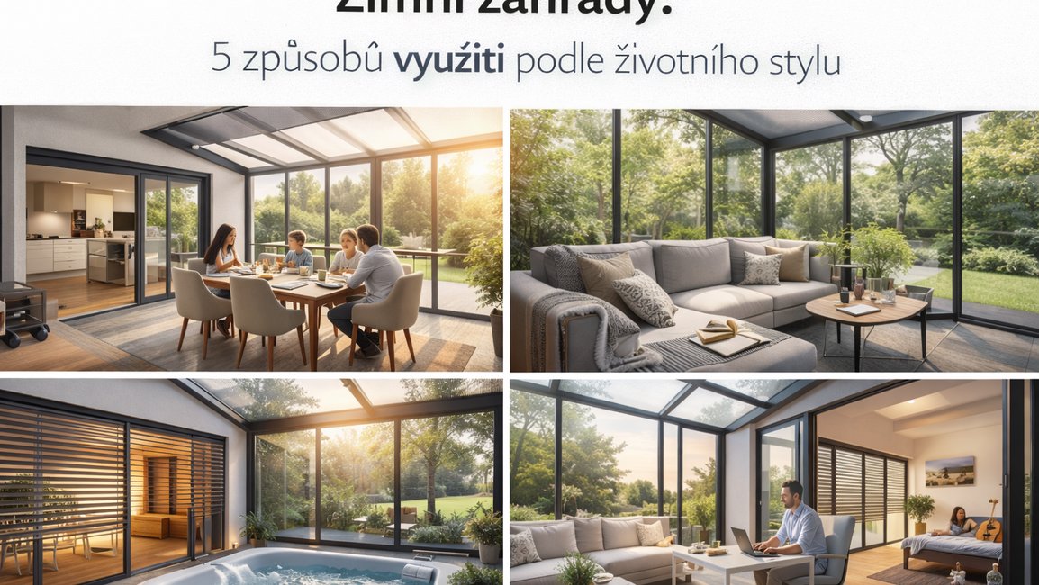 Koláž čtyř zimních zahrad ukazující různé způsoby využití – rodinnou jídelnu, relaxační obývací kout, wellness s vířivkou a domácí kancelář s výhledem do zahrady.